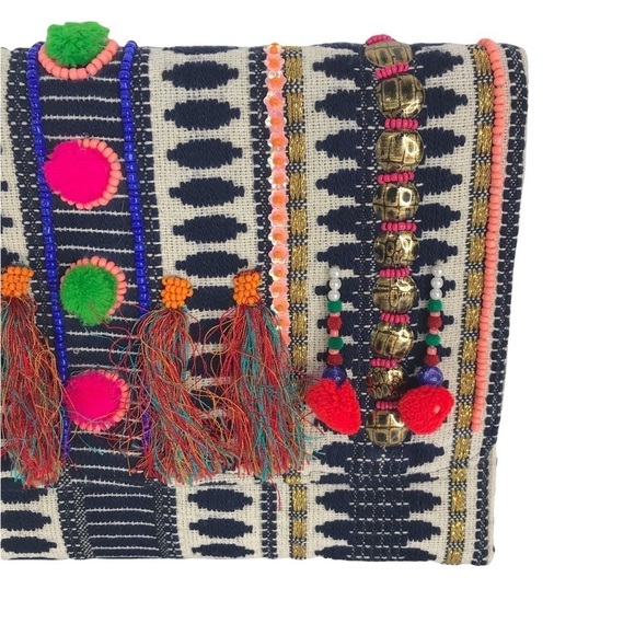 CHARADE Bohemian Pom Pom Clutch w/ Chain Crossbody Multicolor Handbag Purse - Picture 10 of 11